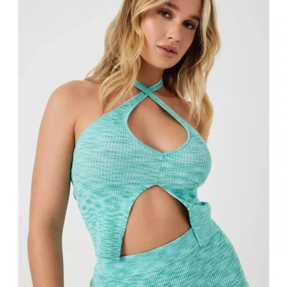 Garage Split Front Halter Top Tie Neck Sweater Tank Space Dye Green Blue S - Picture 4 of 9